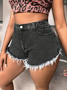 SHEIN SXY Plus Size Frayed Hem Washed Sexy Denim Shorts - Grey - View 1
