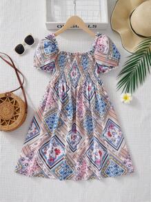 SHEIN Tween Girls' Vintage Floral Print Square Neckline Pleated Bubble Sleeve Loose Casual Dress - Multicolor - View 1