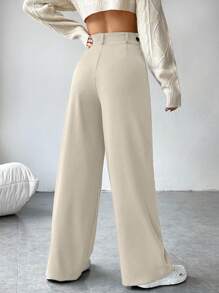 SHEIN EZwear 秋冬高腰阔腿西装裤 - 杏色 - 查看 2