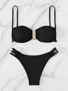 Swim Chiccia Bộ Bikini Màu Trơn Đi Biển Mùa Hè Với Trang Trí Khóa Kim Loại Hình Chữ U Và Rỗng Chi Tiết Lễ Hội - màu đen - Xem 5