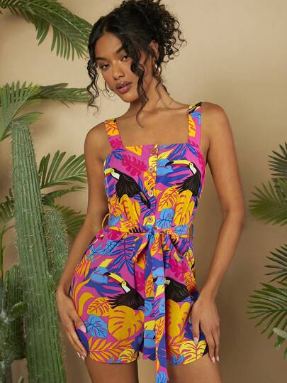 Travachic Women's Vacation Tropical Plant Printed Jumpsuit With Spaghetti Straps