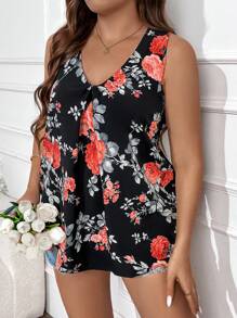 SHEIN Clasi 大码女式波西米亚风花卉印花无袖 V 领衬衫，适合夏季 - 彩色 - 查看 5