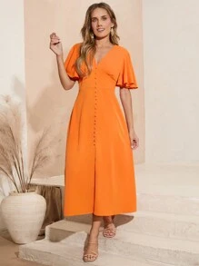 SHEIN Clasi 女士蝴蝶袖束腰連衣裙 - 橘色 - 查看 5