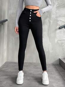 EURMUSE Women's Button Fly Tight Fit Skinny Jeans - Black - View 1