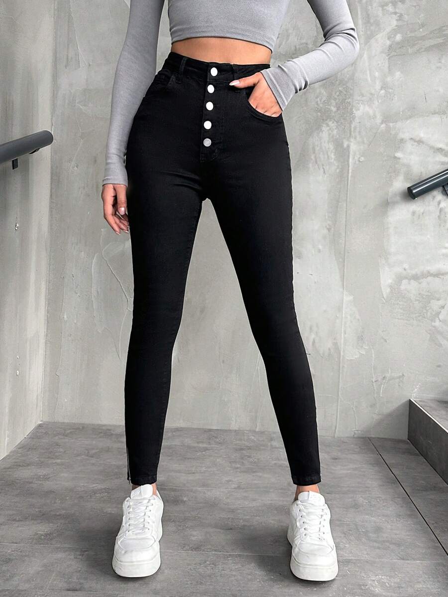 EURMUSE Women's Button Fly Tight Fit Skinny Jeans - Black - View 1