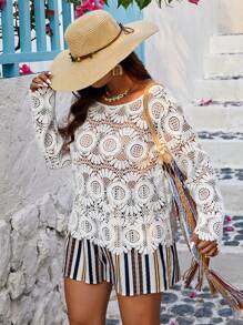 Breezaya Plus Size Women's Long Sleeve Lace Blouse - White - View 5