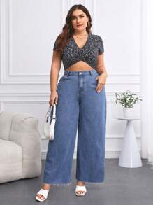 SHEIN Privé Plus Size Women's Jean Pants With Pockets - Medium Wash - View 4