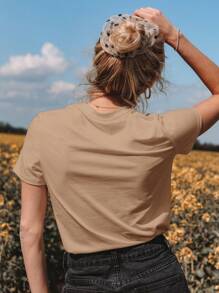 SHEIN Essnce Women's Letter Printed Short Sleeve T-Shirt - Mocha Brown - View 2