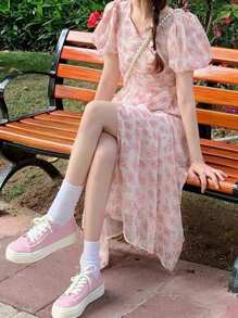 DAZY 女士花卉印花蓬蓬袖裙 - 粉色 - 查看 3