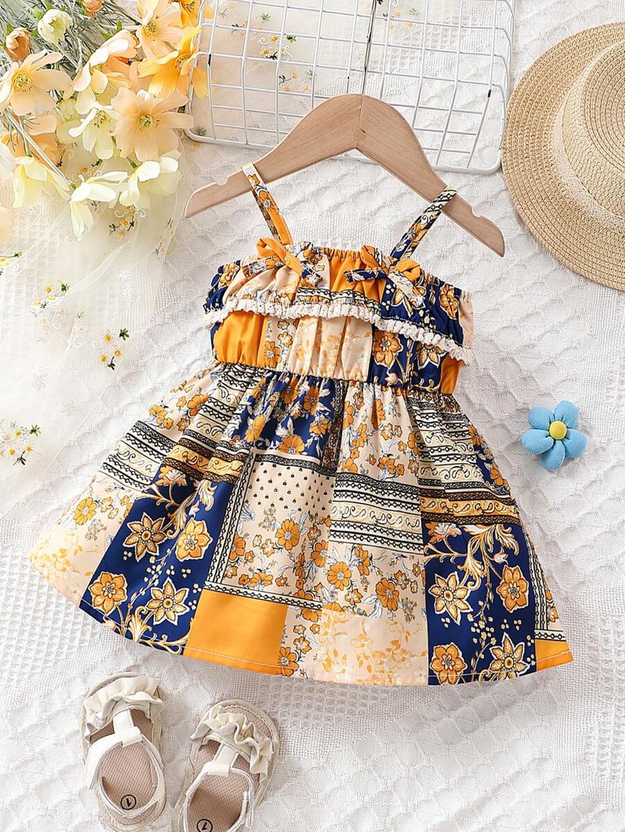 Baby Girls'  Scarf Printed Vintage Pattern Lace Strap Dress For Summer - Multicolor - View 1