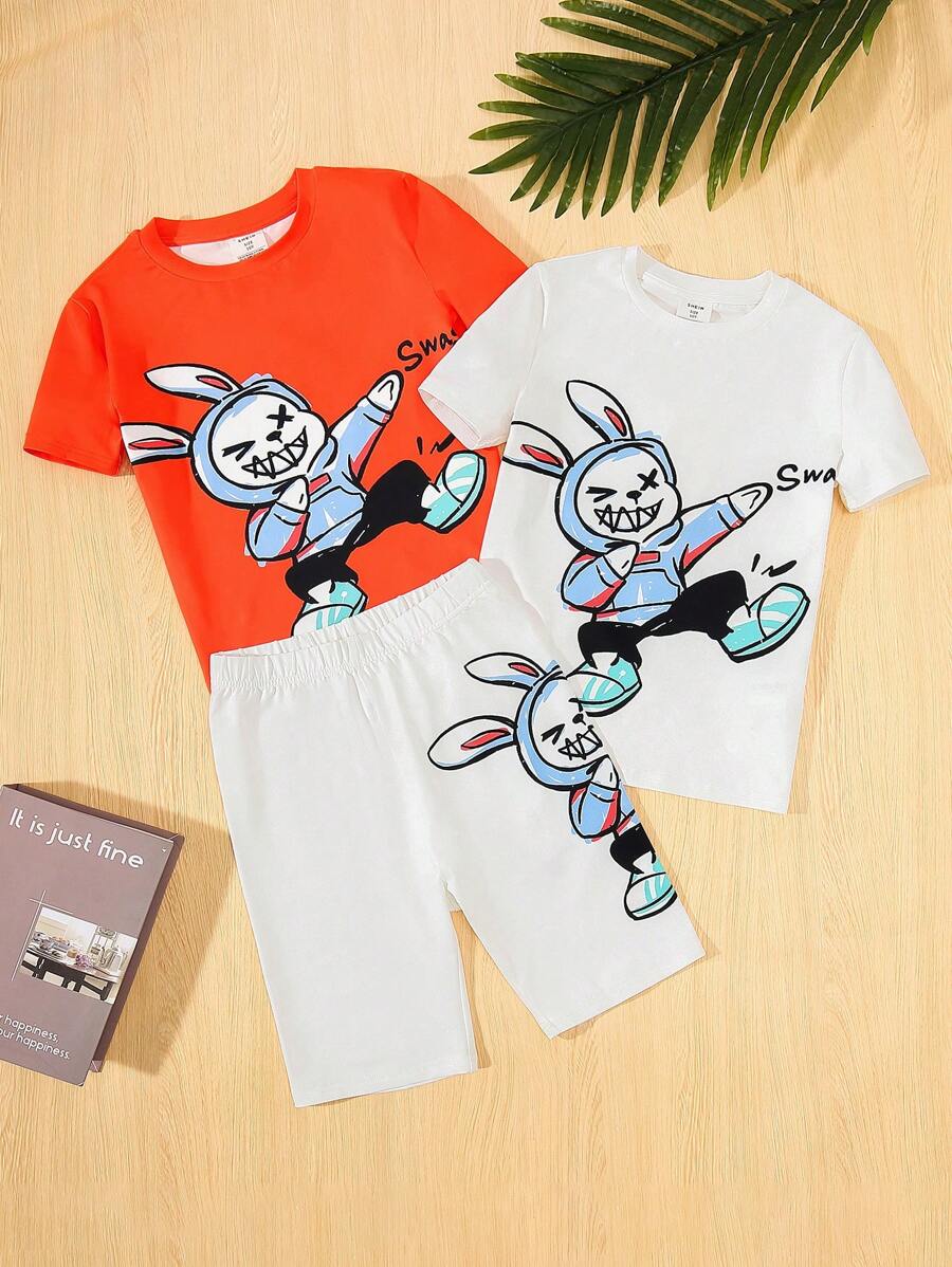 SHEIN Suéter Con Estampado De Caricatura De Conejo Fresco Para Chicos (2 Colores) Con Ajuste Cómodo Y Pantalones Cortos De Punto Para Uso Casual Y En Casa (conjunto De 2 Piezas) - Multicolor - Ver 1
