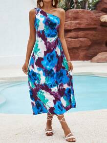 SHEIN VCAY Women's Tie-Dye High Split Summer Beach Asymmetrical Dress For Vacation - Blue - View 3