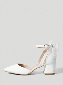 SheIn Belle 尖头粗跟时尚蝴蝶结女士高跟鞋度假鞋夏季促销圣诞秋季新年假期 - 白色 - 查看 2