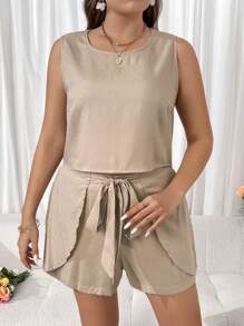 SHEIN Clasi 大尺碼女款純色無袖上衣和短褲套裝