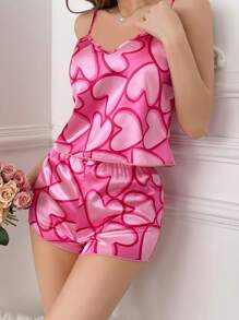 Women's Silk-Like Heart Pattern Printed Cami And Shorts Pajama Set - Hot Pink - View 3