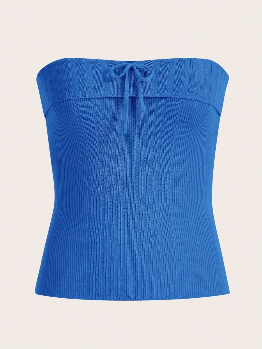SHEIN MOD Của phụ nữ Sọc Áo không dây Với Mặt trước Chi tiết cà vạt - Xanh đậm - Xem 1