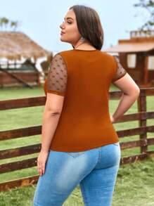 SHEIN LUNE Plus Size Heart Mesh Joint T-Shirt For Summer - Rust Brown - View 2