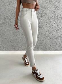 EURMUSE 98%Cotton High Waist Split Hem Skinny Jeans - Beige - View 3