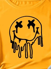 SHEIN 夏季大码女式印花短袖 T 恤，带笑脸图案 - 黃色 - 查看 4