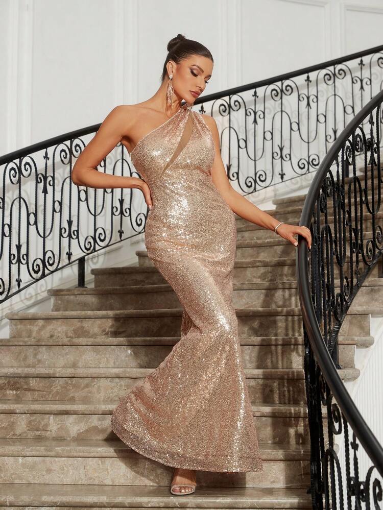 One Shoulder Sleeveless Glitter Evening Dress For Women