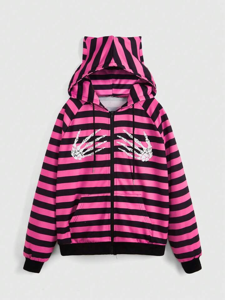 Our ROMWE Avant Skull Hand Printed Black Pink Stripes Zip-Up