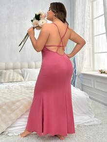 Vestido de noche largo y sin espalda, de unicolor y ajustado, de talla grande - Rosa - Ver 6