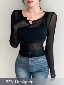 Dazy Designer Của phụ nữ Nhìn xuyên qua Lưới Nối 2 trong1 Áo thun - trắng - Xem 1