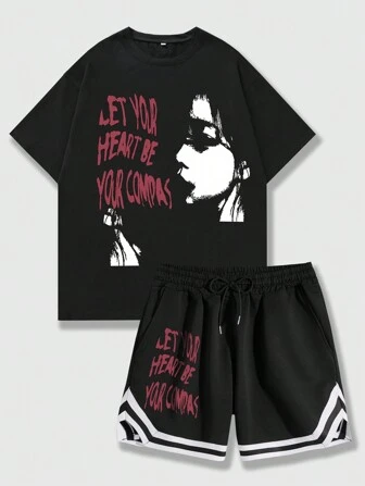Goth Conjunto Para Hombre De Camiseta Y Pantalones Cortos Con Eslogan E Impresión De Personajes