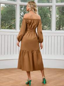 GENKIRA Solid Color Off-Shoulder Long Sleeve Dress - Brown - View 2