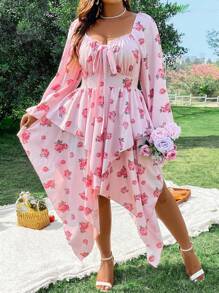 Sunnyshic Đầm Maxi Tay Lửng Cổ Tròn Viền Bất Đối Xứng Cỡ Lớn Cho Kỳ Nghỉ Bãi Biển Nữ - Hồng - Xem 5