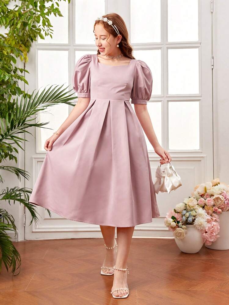 Teenage Girls' Woven Solid Color Puff Short Sleeve Dress With Bowknot Decoration For Casual Occasions