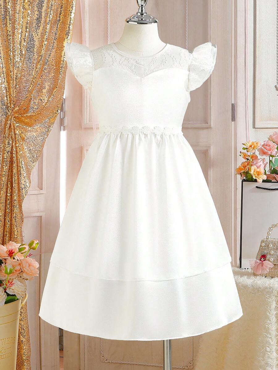 Cô gái Long lanh Lưới & Ren tay áo lá sen Đầm Đối với Cô gái Tween - trắng - Xem 1