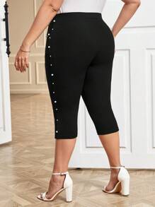 SHEIN Clasi Kích thước lớn Của phụ nữ Dệt kim Trân châu Trang trí Gầy Capri Xà cạp - màu đen - Xem 1