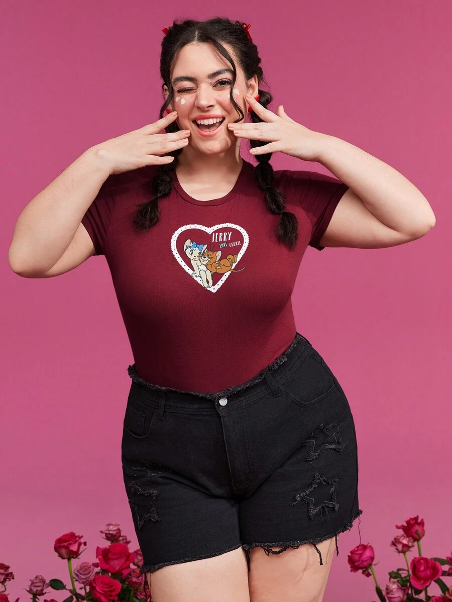 TOM & JERRY X SHEIN Plus Cartoon Graphic Bodysuit - Red - View 1