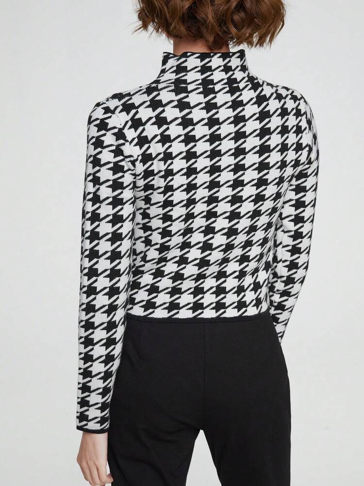 Women's Stand Collar Houndstooth Pattern Long Sleeve Knit Pullover Fall Winter Sweater
