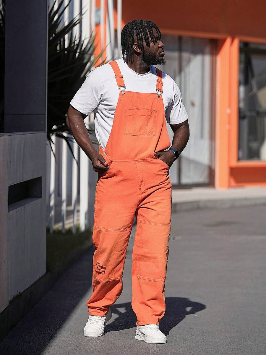 Manfinity Homme Men's Plus Size Distressed Multi-Pocket Denim Overalls - Orange - View 1