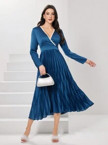Modelyn 女式拼色编织腰带褶裥下摆连衣裙长款晚礼服 - 藍色 - 查看 5