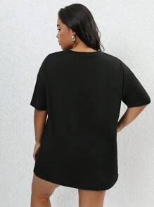 SHEIN EZwear 大尺碼女士心形印花長款t恤 - 黑色 - 查看 2