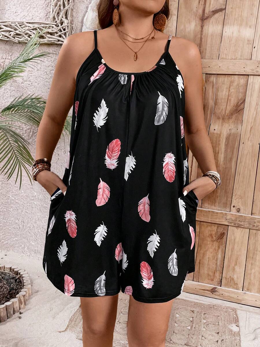 SHEIN LUNE 大码女式羽毛印花吊带连体衣（夏季） - 黑色 - 查看 1
