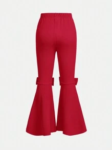 Tween Girl Plain Flared Pants With Bowknot Detail - Red - View 2