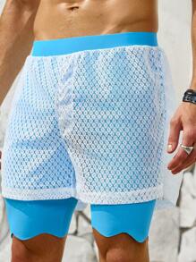 Surfspeed Shorts De Playa 2 En 1 Con Superposición De Encaje Y Bloques De Color Para Hombre - Azul y blanco - Ver 4