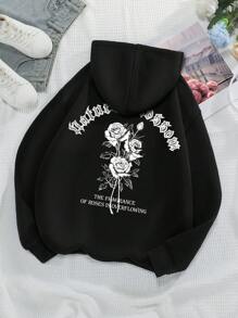 INAWLY Ladies' Rose & Slogan Graphic Drawstring Hoodie THE FRAGRANCE OF ROSES IS OVERFLOWING,Long Sleeve Tops Graduation,Back To School Outfits,Graduation,Teacher Outfits For Women,Back To School Pullover Fall Outfit - Black - View 1