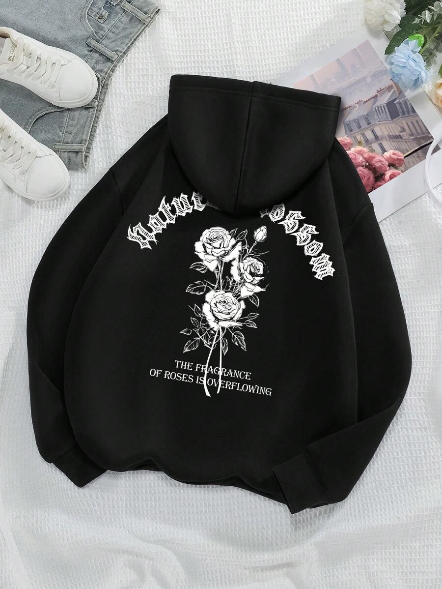INAWLY Ladies' Rose & Slogan Graphic Drawstring Hoodie THE FRAGRANCE OF ROSES IS OVERFLOWING,Long Sleeve Tops Graduation,Back To School Outfits,Graduation,Teacher Outfits For Women,Back To School Pullover Fall Outfit - Black - View 1