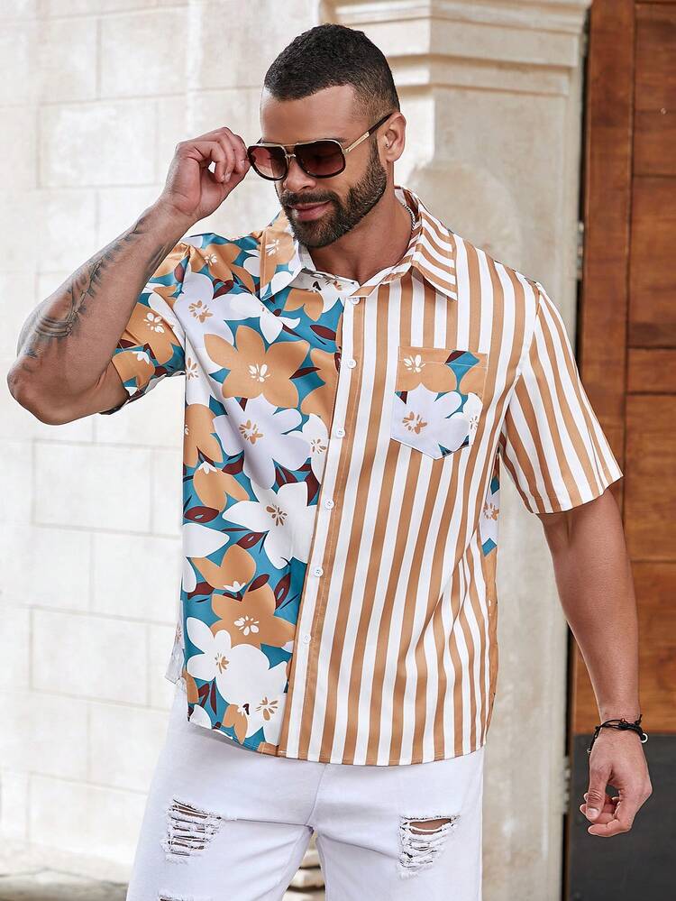 Men's Plus Size Floral Printed Striped Shirt With Patchwork