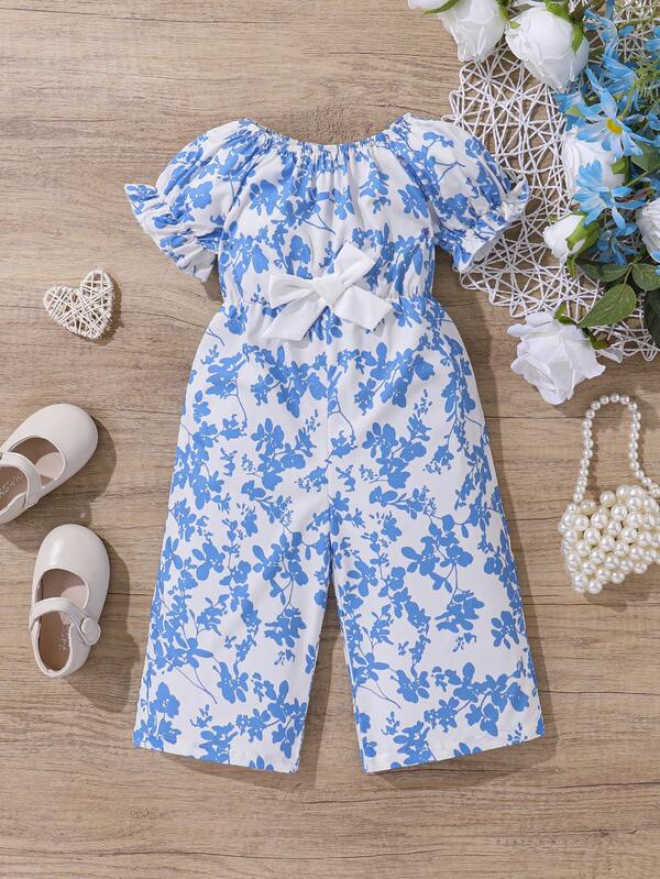 SHEIN Baby Girl Casual Comfortable Romper Baby Girls Blue Floral Romper,Kids