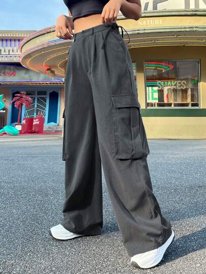 SHEIN EZwear Pantalones De Carga Tejidos Grises Con Bolsillos Para Mujeres