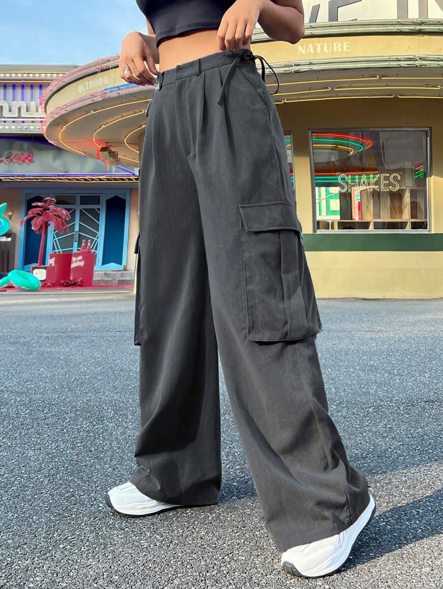 SHEIN EZwear 女式灰色針織貨物褲,帶口袋 - 灰色 - 查看 1