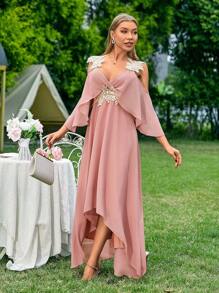 SHEIN Belle Robe De Demoiselle D'honneur Brodée À Épaule Dénudée Avec Appliques