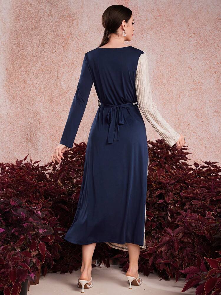 Women's Color Block Studded Woven Belt Dress
