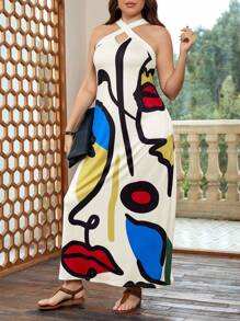 SHEIN LUNE Plus Size Abstract Figure Print And Hollow Out Detail Halterneck Dress,Valentine Day For Summer